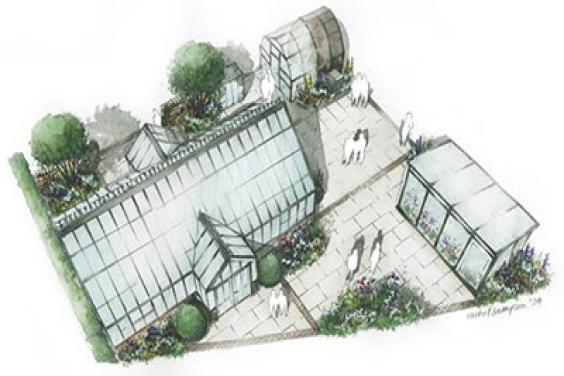 An illustration of Hartley Botanic’s 2024 RHS Chelsea Flower Show tradestand by Landscape Architect Rachel Sampson, who is designing this year’s stand