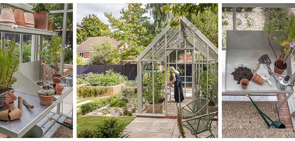 A beautifully organised Hartley Botanic Victorian Chelsea Glasshouse with matching aluminium staging, shelving, growing beds and a potting bench