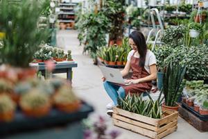 Image of lady in a garden centre, sat using a laptop surrounded by plants