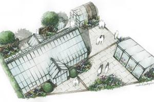 An illustration of Hartley Botanic’s 2024 RHS Chelsea Flower Show tradestand by Landscape Architect Rachel Sampson, who is designing this year’s stand