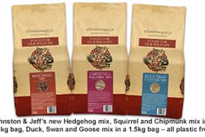 Johnston & Jeff’s new Hedgehog mix, Squirrel and Chipmunk mix in a 1.2kg bag, Duck, Swan and Goose mix in a 1.5kg bag – all plastic free. 