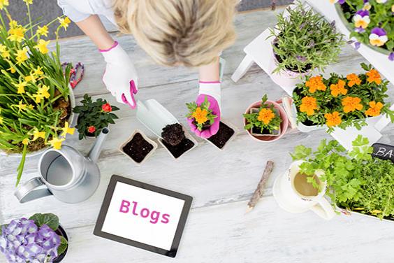 Woman planting flowers and writing a blog