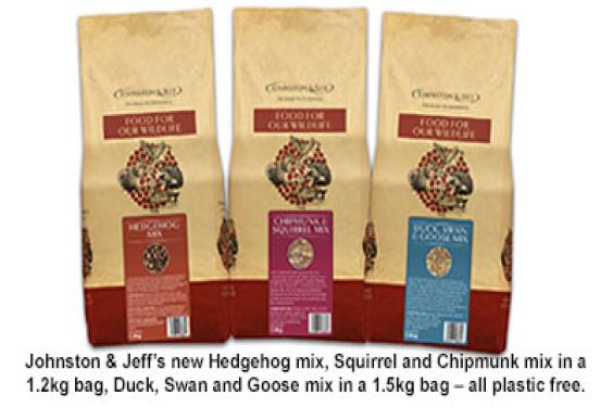 Johnston & Jeff’s new Hedgehog mix, Squirrel and Chipmunk mix in a 1.2kg bag, Duck, Swan and Goose mix in a 1.5kg bag – all plastic free.